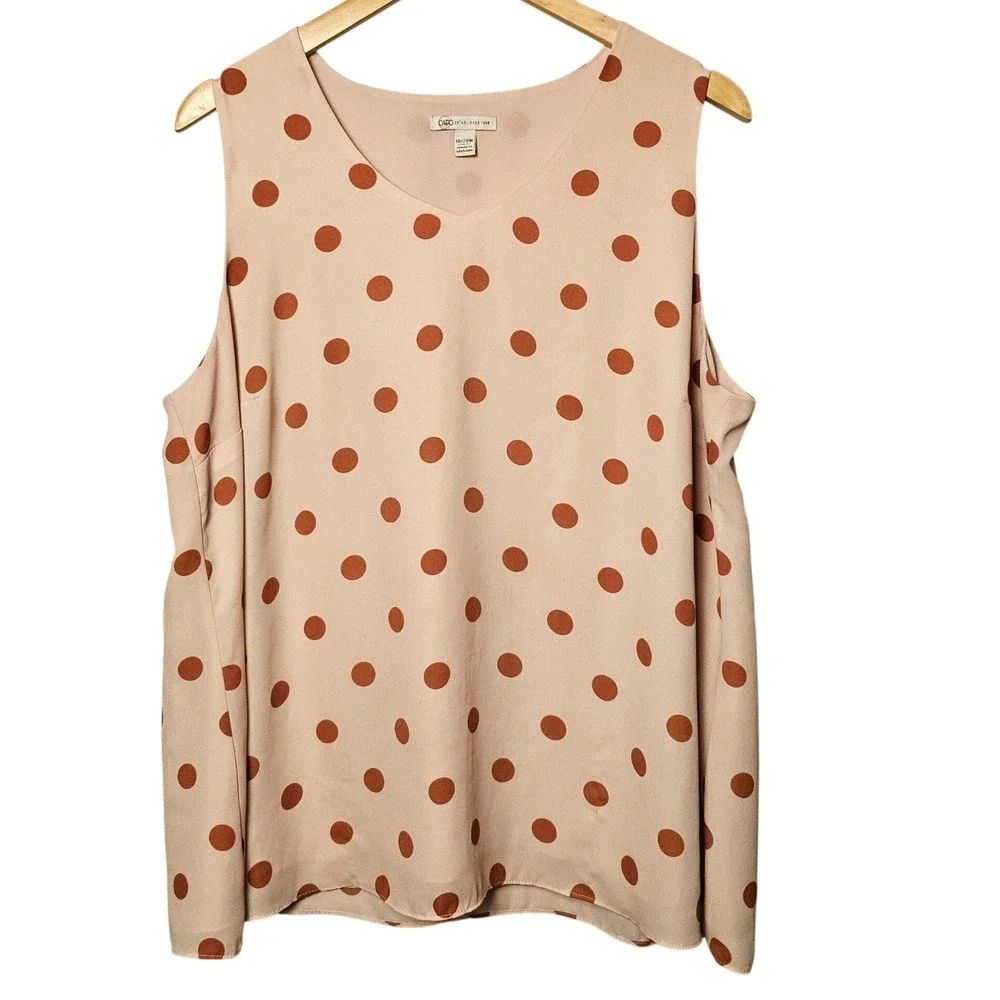 Cato Womens Plus Size 18/20W Polka‎ Dot Sleeveless V-Neck Blouse Tan Rust
